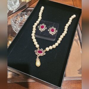 Heidi Daus Elegant Pearl and Red Crystal Jewelry Set